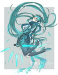  aqua_eyes aqua_hair aqua_scarf bodysuit dagger hatsune_miku highres long_hair mirai_delivery miyama_fugin scarf solo twintails very_long_hair visor vocaloid weapon 