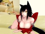  ahri animal_ears bare_shoulders black_hair breasts censored cleavage detached_sleeves dog doge fox_ears korean_clothes kumiko_shiba large_breasts league_of_legends lips long_hair lying meme on_stomach parody reference_photo reference_photo_inset solo whisker_markings yellow_eyes 