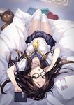  :o bed brown_eyes brown_hair cellphone crooked_eyewear digital_media_player dutch_angle earplugs foreshortening glasses kyon_(fuuran) long_hair looking_at_viewer lying navel on_back on_bed original phone pleated_skirt school_uniform serafuku skindentation skirt solo stuffed_animal stuffed_toy teddy_bear thighhighs upside-down white_legwear zettai_ryouiki 