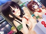  2girls asahina_akari black_hair blue_eyes blush bow bowtie breasts brown_hair building dutch_angle ear_blush hands_up hisahara_shizuku long_hair medium_breasts multiple_boys multiple_girls nipples nude open_mouth original outdoors ponytail public_nudity red_bow red_eyes red_neckwear shaded_face shitou_(4h) short_hair small_breasts storefront student sweat upper_body window 