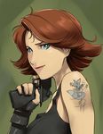  blue_eyes breasts daniel_macgregor desert_eagle fingerless_gloves gloves gun handgun large_breasts lips meryl_silverburgh metal_gear_(series) metal_gear_solid pistol red_hair short_hair solo tank_top tattoo trigger_discipline weapon 