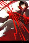  bad_id bad_pixiv_id black_hair cloak hair_over_one_eye highres holding hood jacket kagerou_project kisaragi_shintarou letterboxed male_focus outstretched_hand red_eyes rubill scythe shinigami sitting solo track_jacket weapon 