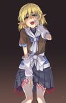  arm_warmers blonde_hair blush fangs green_eyes hand_on_own_cheek hand_on_own_face hand_on_thigh mizuhashi_parsee open_mouth pointy_ears saliva short_hair skirt solo touhou usotsuki_penta 