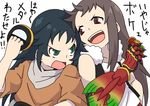  ankh_(ooo) ankh_(ooo)_(cosplay) black_hair brown_eyes brown_hair core_medal cosplay fur_trim green_eyes hino_eiji hino_eiji_(cosplay) idolmaster idolmaster_cinderella_girls kamen_rider kamen_rider_ooo_(series) koseki_reina multiple_girls nanjou_hikaru nash_(na-si) o_medal translated 