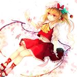  ascot bad_id bad_pixiv_id blonde_hair bow cherry_blossoms daimaou_ruaeru flandre_scarlet flower hat hat_bow highres petals red_eyes red_footwear shirt shoes short_sleeves side_ponytail skirt skirt_set smile solo touhou vest wings wrist_cuffs 