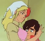  1boy 1girl 80s against_wall age_difference animated animated_gif apron blonde_hair breast_smother breasts brown_hair chara_soon embarrassed green_eyes gundam gundam_zz judau_ashta milf multicolored_hair oldschool red_hair two-tone_hair 