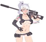  belt black_gloves blue_eyes blush contrapposto cosplay ear_piercing earrings eyebrow_piercing gloves gun hand_on_hip holster howler_(owler) jewelry kill_la_kill lip_piercing long_hair md5_mismatch mismatched_gloves navel nudist_beach_uniform original over_shoulder owler piercing ponytail pubic_hair pussy rifle scope shirt_tan shorts_tan shoulder_holster sniper_rifle solo standing suppressor tan tanline tattoo utility_belt watermark weapon weapon_over_shoulder web_address white_hair 