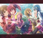  3girls ;o aino_megumi backpack bag black_skirt blue_hair blush brown_eyes brown_hair closed_eyes dutch_angle eating eyelashes from_side happinesscharge_precure! happy highres inoshishi_(ikatomo) letterboxed long_hair long_sleeves multiple_girls one_eye_closed oomori_yuuko open_mouth pink_eyes pink_hair plant precure profile sagara_seiji shirayuki_hime shirt short_hair sidelocks skirt tree vest white_shirt yellow_eyes 