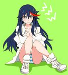  alternate_hair_length alternate_hairstyle bad_id bad_pixiv_id black_hair blush kill_la_kill long_hair mameko matoi_ryuuko multicolored_hair naked_shirt panties shirt shoes sitting sneakers solo streaked_hair striped striped_panties underwear 