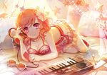  bed bikini_top breasts brown_hair cleavage curtains digital_media_player eyewear_removed flower hair_flower hair_ornament headphones hibiscus instrument keyboard_(instrument) love_live! love_live!_school_idol_project lying medium_breasts natsuiro_egao_de_1_2_jump! nishikino_maki on_stomach pencil pillow pink_eyes sibyl skirt star striped_bikini_top sunglasses 