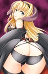  1girl aqua_eyes ass blonde_hair breasts butt_crack drill_hair from_behind gaen hairband horns huge_ass long_hair looking_at_viewer looking_back mammon_(the_seven_deadly_sins) panties smile the_seven_deadly_sins underwear wings 