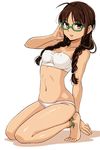  akizuki_ritsuko anklet antenna_hair arm_support bandeau barefoot bikini braid breasts brown_eyes brown_hair covered_nipples full_body glasses green-framed_eyewear groin hand_on_own_head idolmaster idolmaster_(classic) jewelry kneeling long_hair looking_at_viewer luncheon_meat_umai medium_breasts midriff navel open_mouth simple_background solo strapless swimsuit twin_braids white_background white_bandeau white_bikini 