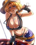  american_flag_bikini bad_id bad_pixiv_id belt bikini black_gloves black_legwear blonde_hair blue_eyes blush breasts buckle cleavage d: fingerless_gloves flag_print gloves hat highres jewelry large_breasts looking_at_viewer open_mouth original pendant short_hair shorts simple_background solo swimsuit thighhighs umakatsuhai western white_background wrench 
