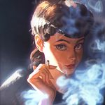  between_fingers blade_runner brown_eyes brown_hair cigarette face ilya_kuvshinov lips long_hair looking_at_viewer md5_mismatch rachel_(blade_runner) smoke solo 