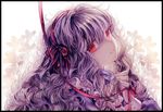  bad_id bad_pixiv_id black_border border bow dress eyelashes finger_to_face floral_background from_side hair_intakes hair_ribbon head_tilt kagerou_project kozakura_marry long_hair long_sleeves looking_at_viewer pale_skin parted_lips portrait purple_hair red_bow red_eyes red_ribbon red_string ribbon silver_hair smile solo string wavy_hair white_background yasiromann 
