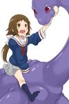  blush brown_eyes brown_hair dinosaur dinosaur_riding loch_ness_monster long_hair mikakunin_de_shinkoukei mitsumine_mashiro mo-fu monster open_mouth pink_eyes ponytail riding school_uniform short_hair_with_long_locks simple_background skirt sleeves_past_wrists smile socks white_background 