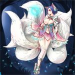  absurdres ahri alternate_hairstyle animal_ears blue_eyes blue_hair blush breasts cleavage detached_sleeves ejami fox_ears fox_tail heart heart-shaped_pupils highres huge_breasts league_of_legends multicolored multicolored_eyes multiple_tails pink_eyes short_hair solo symbol-shaped_pupils tail thighhighs 