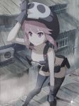  black_gloves black_legwear breasts chabane gloves hand_on_headwear holster jakuzure_nonon kill_la_kill knife nude nudist_beach_uniform pink_eyes pink_hair rain short_hair shoulder_holster skull_print small_breasts smile solo thighhighs 