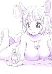  1boy 1girl antlers bell blush breasts cleavage cow_bell furry fuyuno_mikan giantess lying monochrome on_stomach original short_hair size_difference tail 