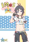  \m/ antenna_hair belt black_hair blush crop_top crop_top_overhang dabozero fingerless_gloves gloves idolmaster idolmaster_(classic) kikuchi_makoto midriff navel purple_eyes short_hair shorts smile solo star stomach street_hopper tank_top tomboy 