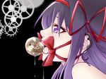  akemi_homura ball_gag bdsm black_hair bondage bound drooling ear_piercing forestss gag gagged gears gyroscope hairband highres mahou_shoujo_madoka_magica open_mouth piercing purple_eyes red_ribbon ribbon saliva solo tongue 