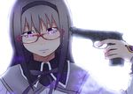  akemi_homura black_hair forestss glasses gun gun_to_head hairband handgun highres holding holding_gun holding_weapon long_hair magical_girl mahou_shoujo_madoka_magica pistol purple_eyes red-framed_eyewear solo sparkle upper_body weapon 