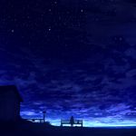  bench blue blue_sky cloud cloudy_sky commentary_request from_behind grass house mailbox_(incoming_mail) mks night night_sky original outdoors scenery silhouette sitting sky solo star_(sky) starry_sky twilight 