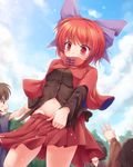  capelet high_collar highres lzh no_panties red_eyes red_hair sekibanki short_hair skirt skirt_hold skirt_tug solo_focus touhou 