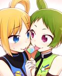  blonde_hair blue_eyes blush candy food fukuhara_ann green_hair hair_bun heart heart-shaped_food heebee licking lollipop long_hair morizono_wakana multiple_girls pretty_(series) pretty_rhythm pretty_rhythm_rainbow_live purple_eyes shaped_lollipop side_ponytail tongue 