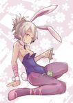  animal_ears bare_shoulders battle_bunny_riven blush breasts brown_eyes bunny_ears bunny_tail bunnysuit folded_ponytail league_of_legends looking_at_viewer nipples pantyhose riven_(league_of_legends) short_hair silver_hair slime small_breasts solo tail waero zac 