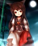  :d amanojaku animal_ears bad_id bad_pixiv_id bamboo brown_hair dress dress_lift fang full_moon highres imaizumi_kagerou jewelry long_hair moon neckerchief night open_mouth red_eyes smile touhou wolf_ears 