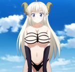  1girl blonde_hair blue_eyes blue_sky bra breasts colored_eyelashes female fino_bloodstone large_breasts long_hair navel payot pointy_ears sidelocks sky solo standing stitched underwear yuusha_ni_narenakatta_ore_wa_shibushibu_shuushoku_wo_ketsui_shimashita. 