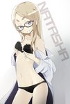  black_bra black_panties blonde_hair blue_eyes bra breast_lift glasses groin laki lingerie long_hair looking_at_viewer natasha_(sekai_seifuku) off_shoulder panties sekai_seifuku:_bouryaku_no_zvezda short_eyebrows smile solo underwear underwear_only 