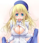  45_(diagonal45angle) atago_(kantai_collection) blonde_hair blush breasts green_eyes hat kantai_collection large_breasts long_hair looking_down nipple_slip nipples no_bra open_clothes open_mouth open_shirt shirt unbuttoned white_shirt 