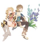  1girl alisha_diphda armor armored_boots bad_id bad_pixiv_id black_pants boots brown_hair flower full_body green_eyes highres jacket knee_boots long_hair pants side_ponytail sitting smile sorey_(tales) tales_of_(series) tales_of_zestiria white_background yachi_kou 