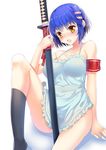  apron armband bad_id bad_pixiv_id bare_shoulders black_legwear blush breasts hair_ornament hairclip katana knee_up kurogane_otome large_breasts naked_apron open_mouth sheath sheathed short_hair sitting socks solo sword tsuyokiss weapon yappen yellow_eyes 