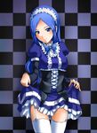  alternate_costume aono_miki blue_eyes blue_hair c-wing checkered checkered_background corset dress enmaided fresh_precure! garter_straps long_hair maid maid_headdress precure ribbon skirt skirt_lift smile thighhighs 