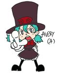  1girl avery_(skullgirls) blue_hair bow bowtie commentary dress freckles gloves hand_on_hip hat looking_at_viewer nyoro_mutou open_mouth personification pointing pointing_at_viewer short_twintails skullgirls solo standing top_hat twintails 