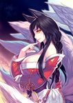  ahri animal_ears black_hair blush breast_hold breasts cleavage facial_mark fox_ears fox_tail kimura_daisuke kumiho large_breasts league_of_legends lips long_hair low_neckline multiple_tails profile smile solo tail yellow_eyes 