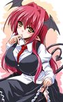  black_legwear blush breasts demon_girl demon_tail garter_straps koakuma large_breasts long_hair looking_at_viewer necktie pointy_ears red_hair red_neckwear shirt sketch smile solo tail thighhighs touhou untucked_shirt wings yamu_(reverse_noise) yellow_eyes 