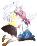  angel_beats! closed_eyes crying hug kneeling long_hair multiple_girls purple_hair riku_haruta school_uniform serafuku shinda_sekai_sensen_uniform short_hair tears tenshi_(angel_beats!) thighhighs white_hair yuri_(angel_beats!) 