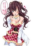  bare_shoulders blue_eyes blush breasts brown_hair cleavage dress finger_to_mouth garter_straps ichinose_shiki idolmaster idolmaster_cinderella_girls large_breasts long_hair looking_at_viewer navel off_shoulder one_eye_closed smile solo text_focus thighhighs tottoto_tomekichi translated 