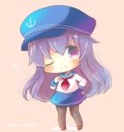  1girl ;) akatsuki_(kantai_collection) anchor_symbol bangs blue_hat blue_sailor_collar blue_skirt blush brown_background brown_footwear brown_legwear chibi closed_mouth commentary_request eyebrows_visible_through_hair flat_cap full_body hair_between_eyes hand_up hat head_tilt kantai_collection kouu_hiyoyo long_hair long_sleeves neckerchief one_eye_closed pantyhose pleated_skirt purple_eyes purple_hair red_neckwear sailor_collar school_uniform serafuku shirt skirt smile solo sparkle standing twitter_username very_long_hair white_shirt 