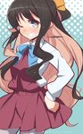  9law black_hair blush brown_hair grin hair_ribbon hand_on_hip highres kantai_collection long_hair looking_at_viewer multicolored_hair naganami_(kantai_collection) one_eye_closed ribbon signature sketch smile solo two-tone_hair yellow_eyes 