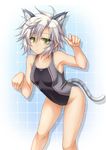  animal_ears cat_ears chestnut_mouth competition_swimsuit eiyuu_densetsu fie_claussell kemonomimi_mode looking_at_viewer one-piece_swimsuit paw_pose roura sen_no_kiseki short_hair solo swimsuit white_hair yellow_eyes 