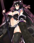  armor black black_gloves black_hair black_legwear blush breasts cleavage detached_sleeves elbow_gloves fingerless_gloves gloves hair_between_eyes hair_ornament hair_ribbon huge_breasts inayama japanese_armor kumamoto-jou long_hair midriff navel personification polearm ribbon sengoku_bushouki_muramasa shoulder_armor sode solo thighhighs very_long_hair weapon 