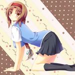  all_fours bad_id bad_pixiv_id braid breasts brown_eyes brown_hair d-frag! from_side hairband kyousaki_nao large_breasts long_hair looking_back school_uniform single_braid skirt solo takao_(d-frag!) 