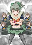  :&lt; :3 bangs bow bowtie brown_eyes closed_mouth crop_top crossed_arms damage_control_goddess_(kantai_collection) fairy_(kantai_collection) green_skirt grey_hair gunbuster_pose hachimaki hair_bow headband kantai_collection multiple_girls navel nejiri_hachimaki pantyhose pleated_skirt ponytail pose school_uniform serafuku short_hair short_sleeves skirt smile smoke v-shaped_eyebrows yano_toshinori yuubari_(kantai_collection) 