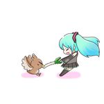  aqua_hair blush_stickers crossover farfetch'd gen_1_pokemon hatsune_miku holding_spring_onion long_hair pachipachi326 pokemon pokemon_(creature) spring_onion thighhighs trembling tug tug_of_war twintails vocaloid white_background 