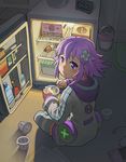  bottle carton clock d-pad d-pad_hair_ornament earbuds earphones earphones_removed food frown full_body hair_ornament handheld_game_console holding holding_spoon hood hooded_track_jacket jacket long_sleeves looking_at_viewer looking_back neptune_(choujigen_game_neptune) neptune_(series) number paper pudding purple_eyes purple_hair refrigerator segamark sitting solo spoon striped striped_legwear tears thighhighs track_jacket trash_can 
